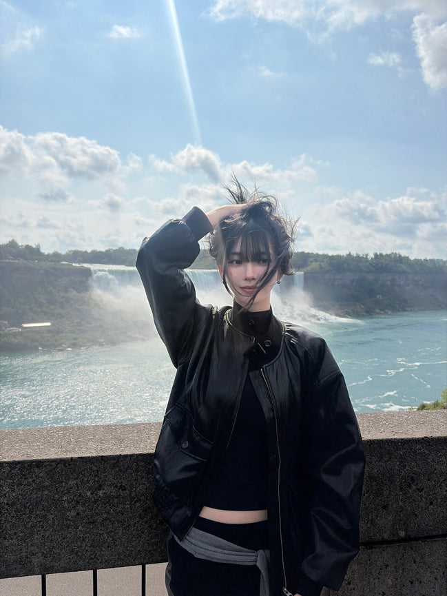 (karina同款) Utility Leather Web Jacket (Black)