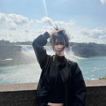 (karina同款) Utility Leather Web Jacket (Black)