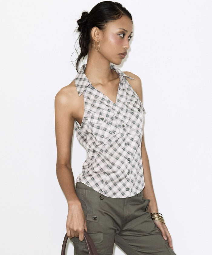 POCKET CHECK HALTERNECK TOP (BEIGE)