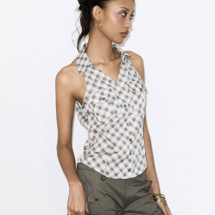 POCKET CHECK HALTERNECK TOP (BEIGE)