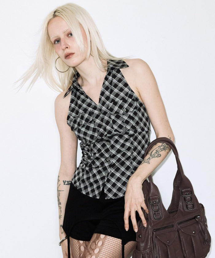 POCKET CHECK HALTERNECK TOP (BLACK)