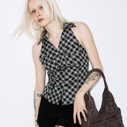POCKET CHECK HALTERNECK TOP (BLACK)