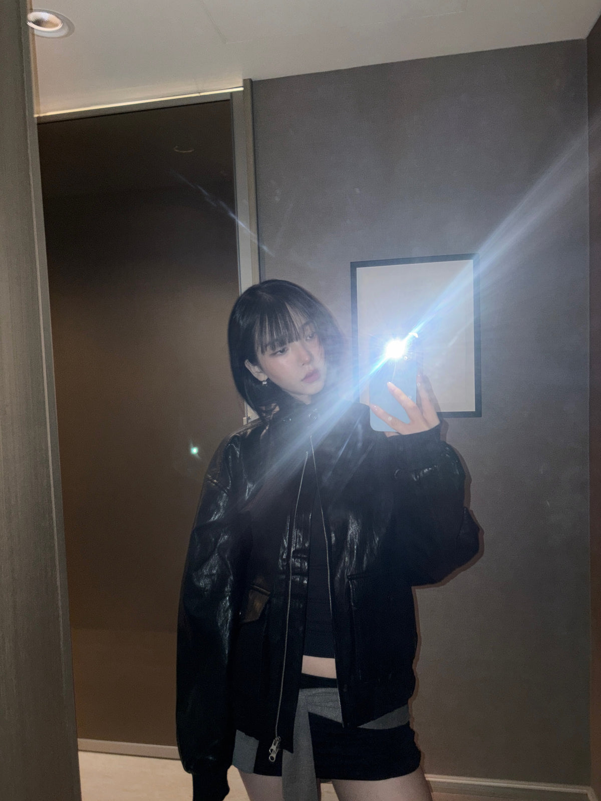 (karina同款) Utility Leather Web Jacket (Black)
