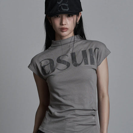 SIDE SNAP HALF NECK T-SHIRT (GREY)