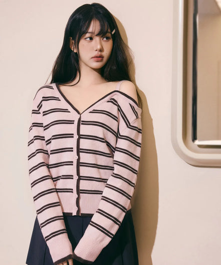 ONE OFF SHOULDER STRIPE WOOL BLENDED CARDIGAN (PINK)