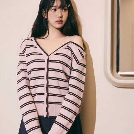 ONE OFF SHOULDER STRIPE WOOL BLENDED CARDIGAN (PINK)