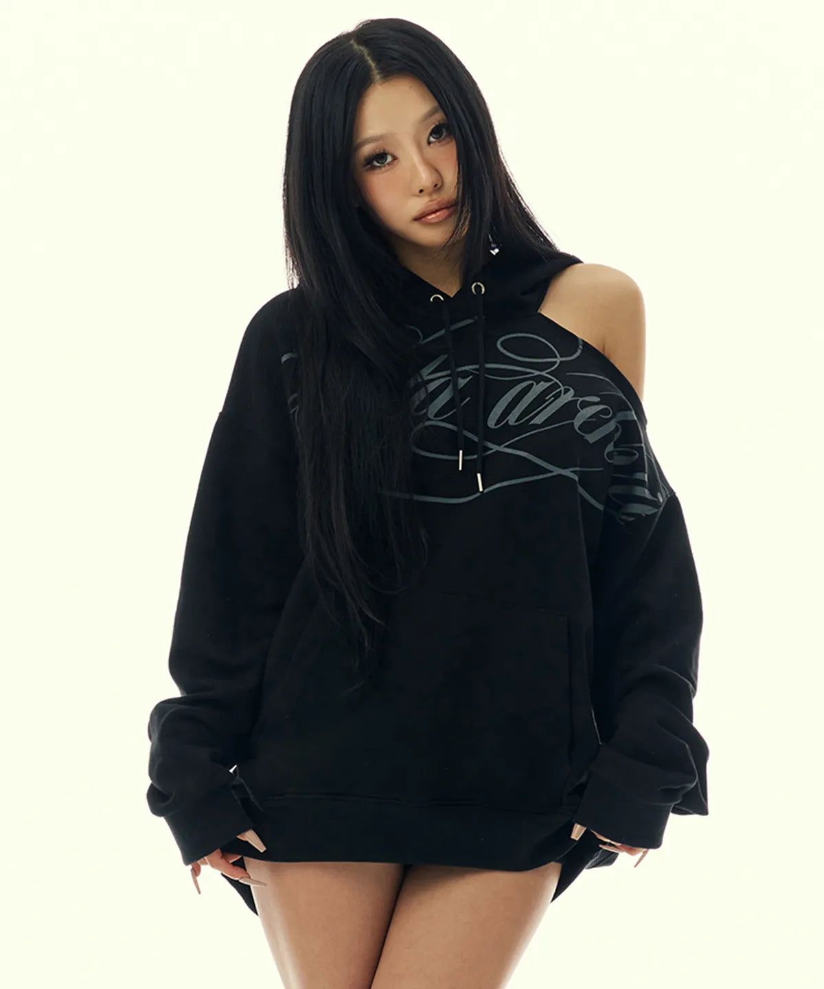 SCRIPT LETTERING ONE SHOULDER HOODED (BLACK)
