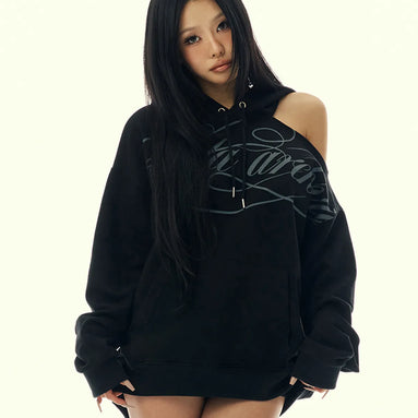 SCRIPT LETTERING ONE SHOULDER HOODED (BLACK)
