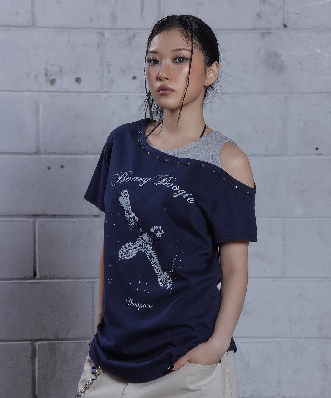 BB Layered One-Shoulder T-Shirt (Dark Navy)