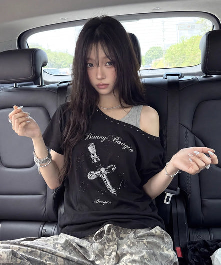 BB Layered One-Shoulder T-Shirt (Black)