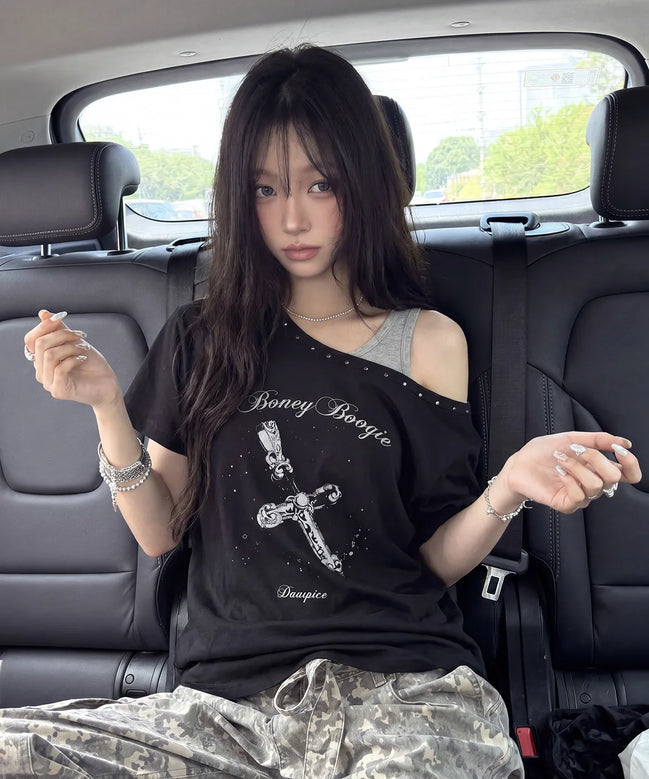 BB Layered One-Shoulder T-Shirt (Black)