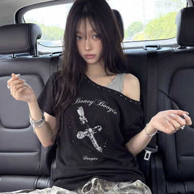 BB Layered One-Shoulder T-Shirt (Black)