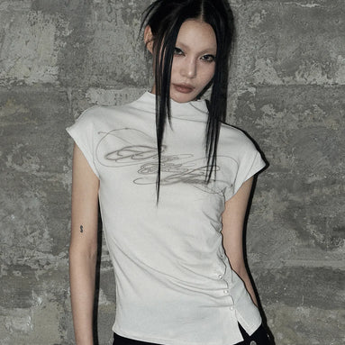 KITSCH SNAP HALF-NECK T-SHIRT (GREY)