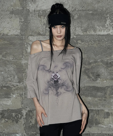 KITSCH ROSE SNAP T-SHIRT (CHARCOAL)