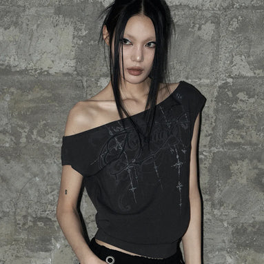 KITSCH DOLMAN OFF-SHOULDER TEE (CHARCOAL)