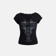 Loyal Cross Lace Neck 1/2 Henley T-shirt (Black)