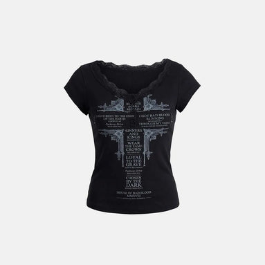 Loyal Cross Lace Neck 1/2 Henley T-shirt (Black)