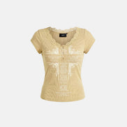 Loyal Cross Lace Neck 1/2 Henley T-shirt (Yellow)