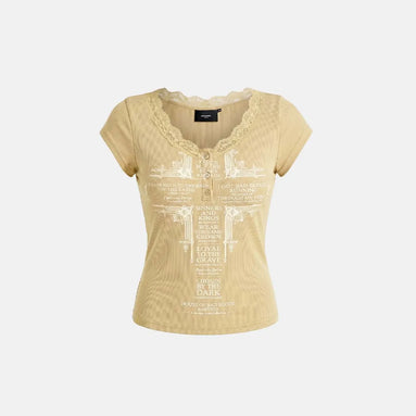 Loyal Cross Lace Neck 1/2 Henley T-shirt (Yellow)