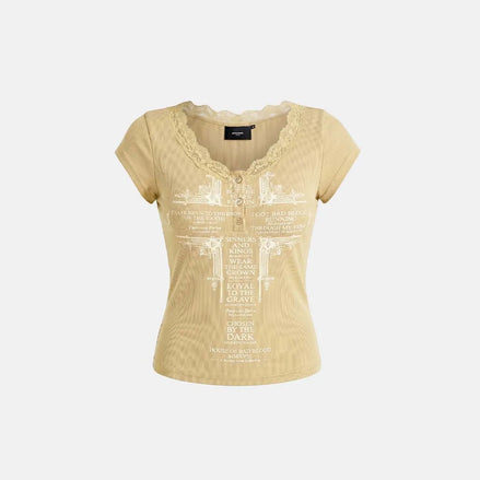 Loyal Cross Lace Neck 1/2 Henley T-shirt (Yellow)