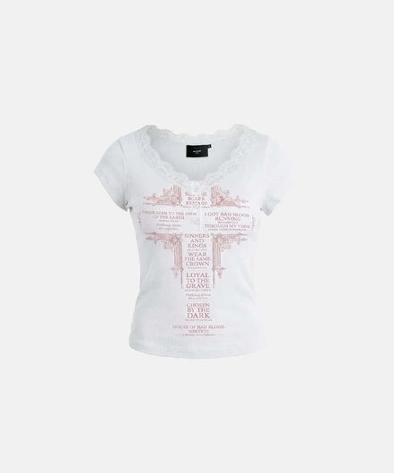 Loyal Cross Lace Neck 1/2 Henley T-shirt (White)