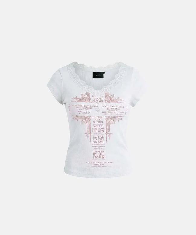 Loyal Cross Lace Neck 1/2 Henley T-shirt (White)