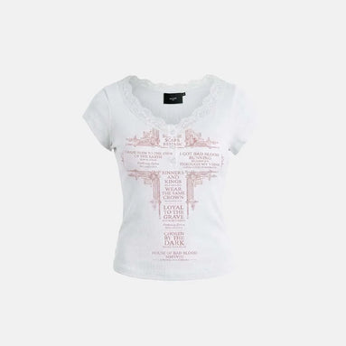 Loyal Cross Lace Neck 1/2 Henley T-shirt (White)