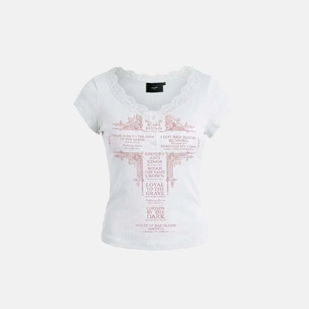 Loyal Cross Lace Neck 1/2 Henley T-shirt (White)