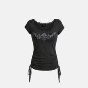 Rhinestone Emblem Lace Deep Round 1/2 T-Shirt (Black)