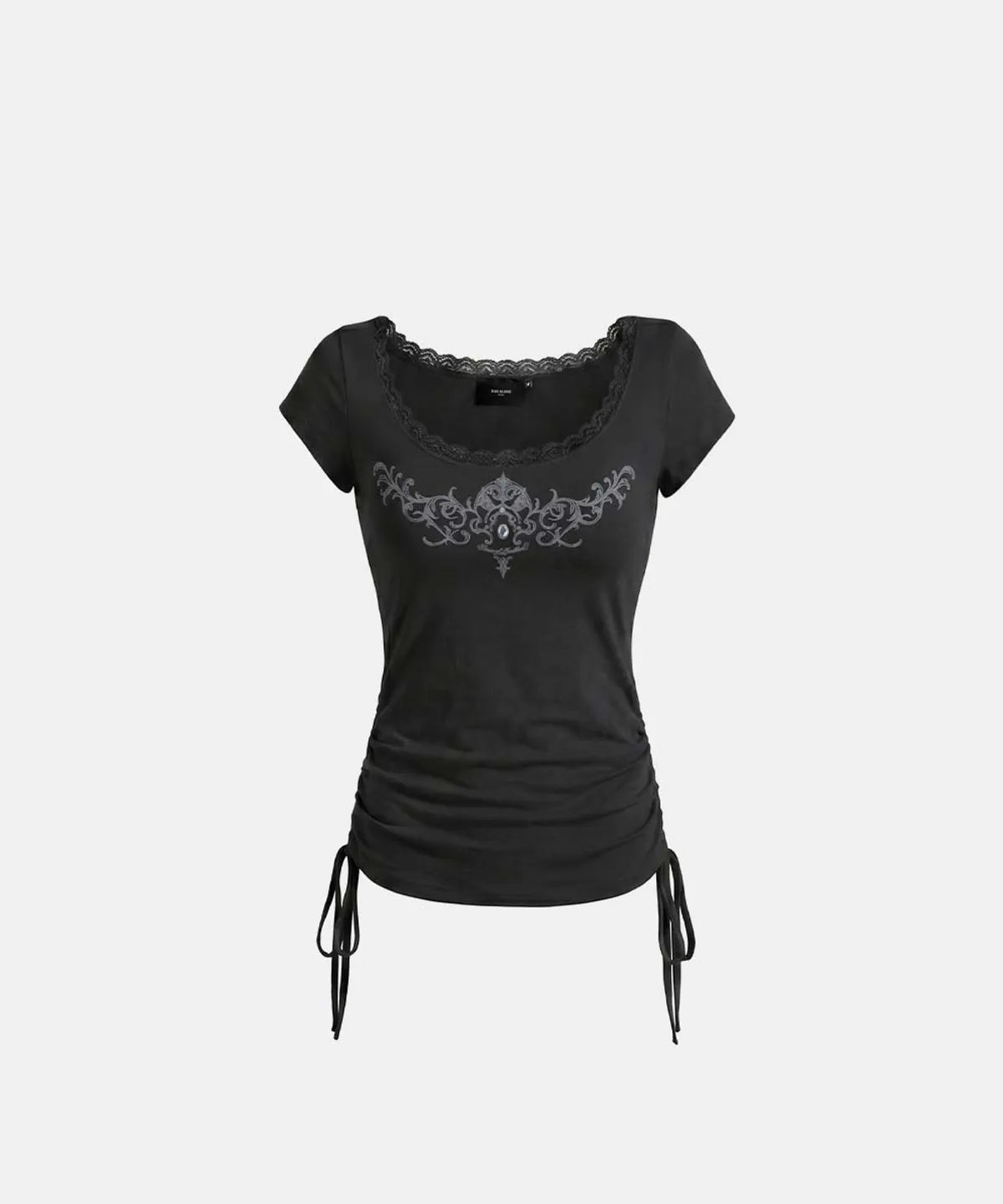 Rhinestone Emblem Lace Deep Round 1/2 T-Shirt (Black)