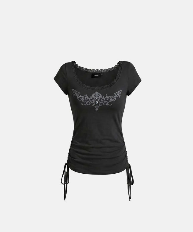 Rhinestone Emblem Lace Deep Round 1/2 T-Shirt (Black)