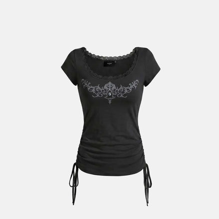 Rhinestone Emblem Lace Deep Round 1/2 T-Shirt (Black)