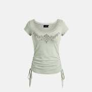 Rhinestone Emblem Lace Deep Round 1/2 T-Shirt (Green)