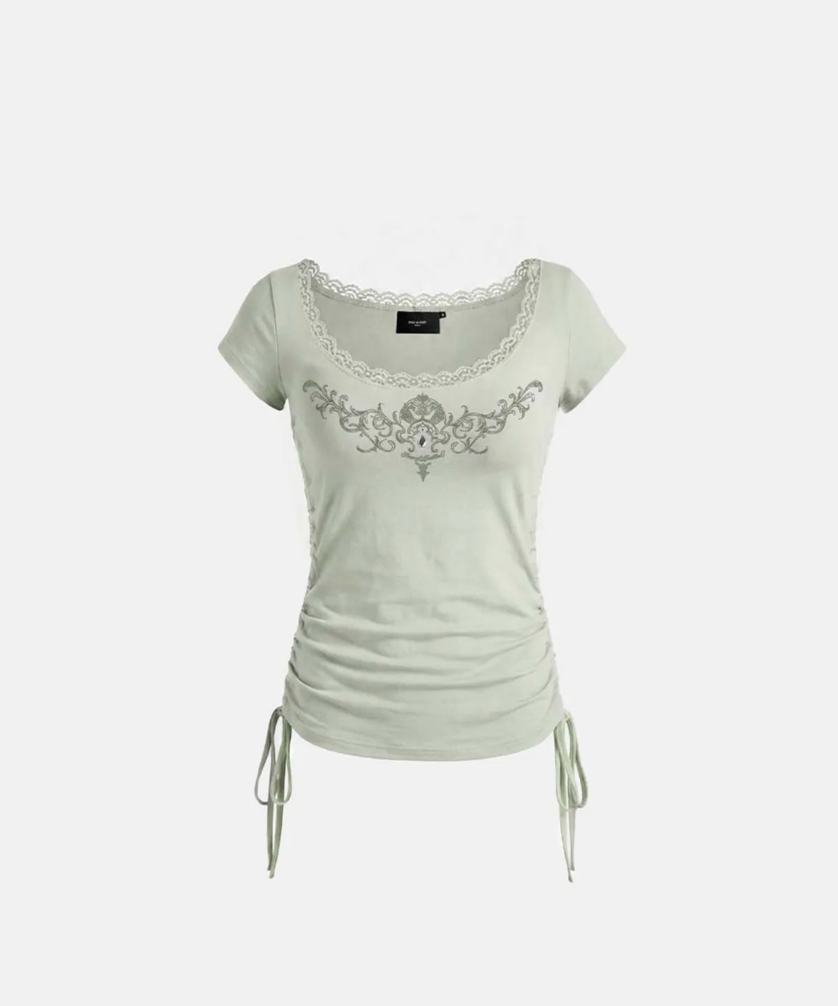 Rhinestone Emblem Lace Deep Round 1/2 T-Shirt (Green)