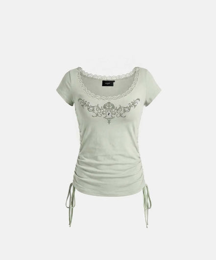 Rhinestone Emblem Lace Deep Round 1/2 T-Shirt (Green)