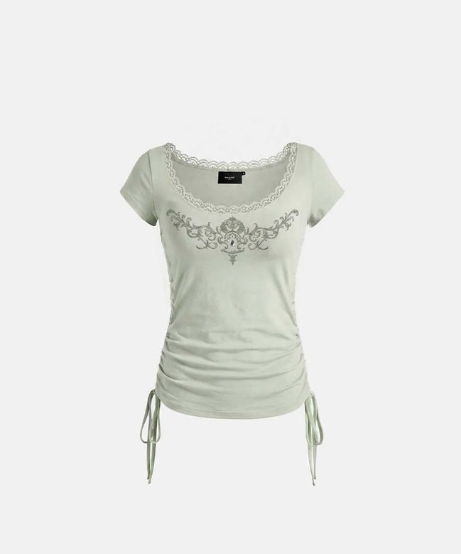 Rhinestone Emblem Lace Deep Round 1/2 T-Shirt (Green)