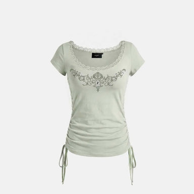 Rhinestone Emblem Lace Deep Round 1/2 T-Shirt (Green)