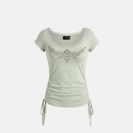 Rhinestone Emblem Lace Deep Round 1/2 T-Shirt (Green)