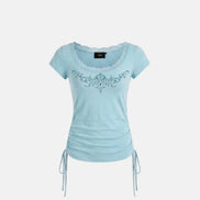 Rhinestone Emblem Lace Deep Round 1/2 T-Shirt (Mint)