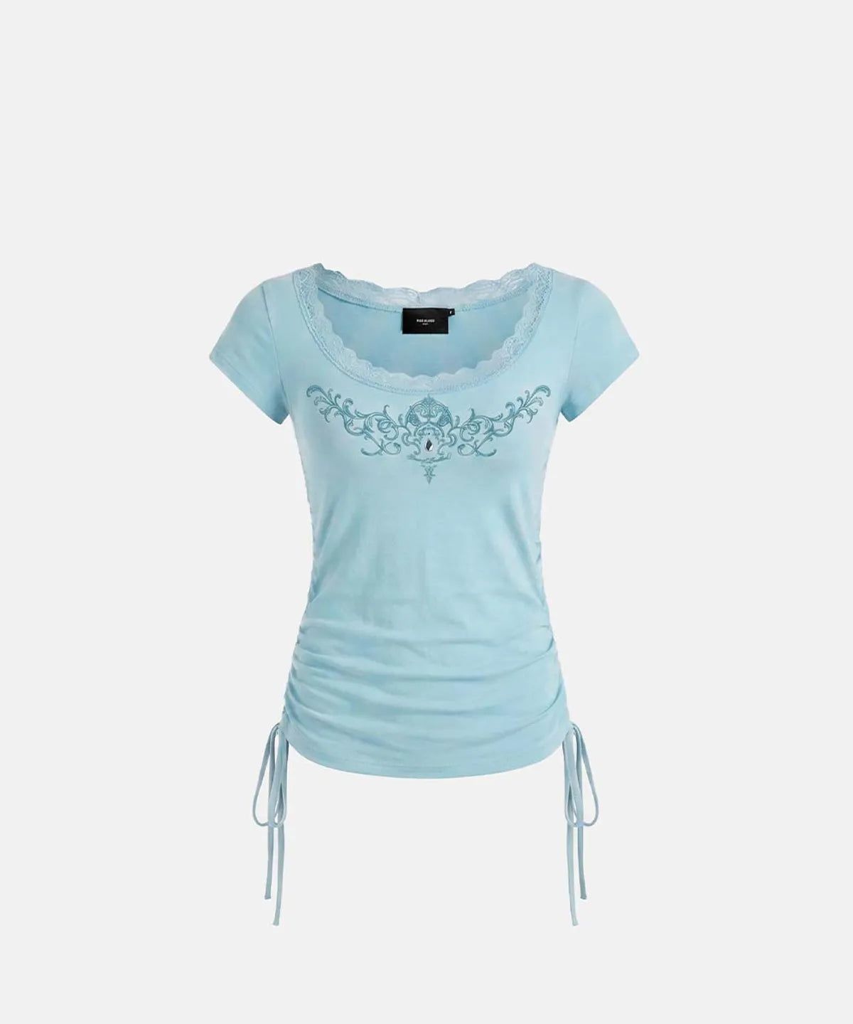 Rhinestone Emblem Lace Deep Round 1/2 T-Shirt (Mint)