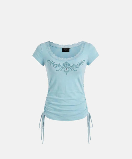Rhinestone Emblem Lace Deep Round 1/2 T-Shirt (Mint)