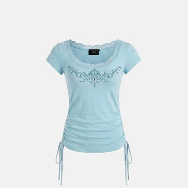 Rhinestone Emblem Lace Deep Round 1/2 T-Shirt (Mint)