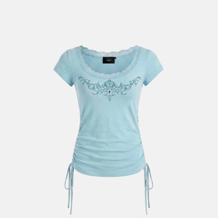 Rhinestone Emblem Lace Deep Round 1/2 T-Shirt (Mint)
