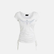 Rhinestone Emblem Lace Deep Round 1/2 T-Shirt (White)