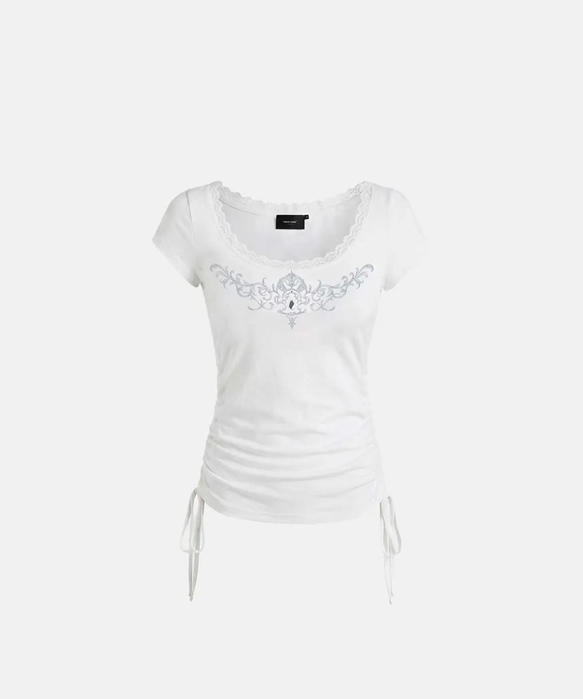Rhinestone Emblem Lace Deep Round 1/2 T-Shirt (White)