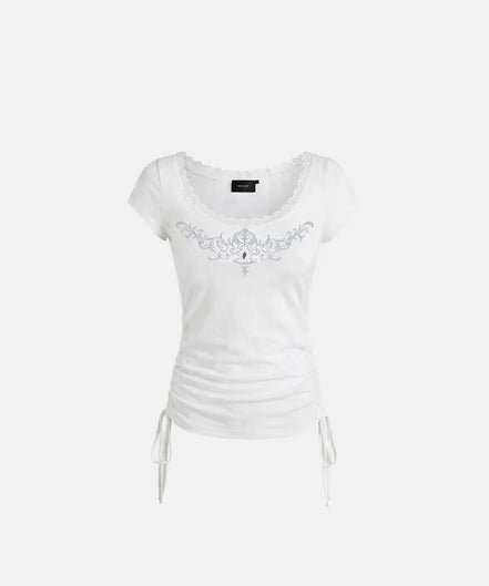 Rhinestone Emblem Lace Deep Round 1/2 T-Shirt (White)