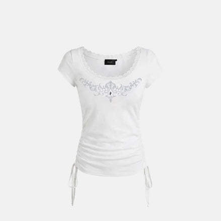 Rhinestone Emblem Lace Deep Round 1/2 T-Shirt (White)