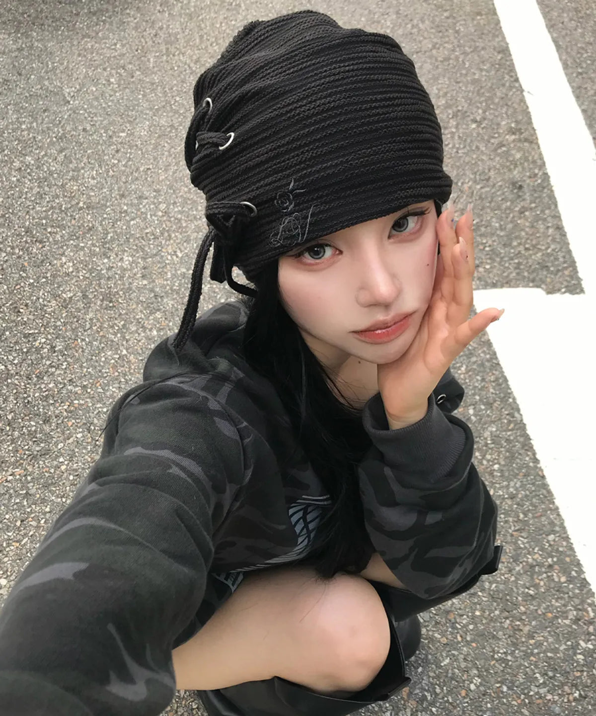 RL EYELET STRING BEANIE(BLACK)
