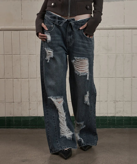 FOLDED DAMAGE LOOSE DENIM PANTS (DEEP BLUE)