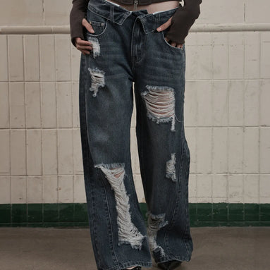 FOLDED DAMAGE LOOSE DENIM PANTS (DEEP BLUE)